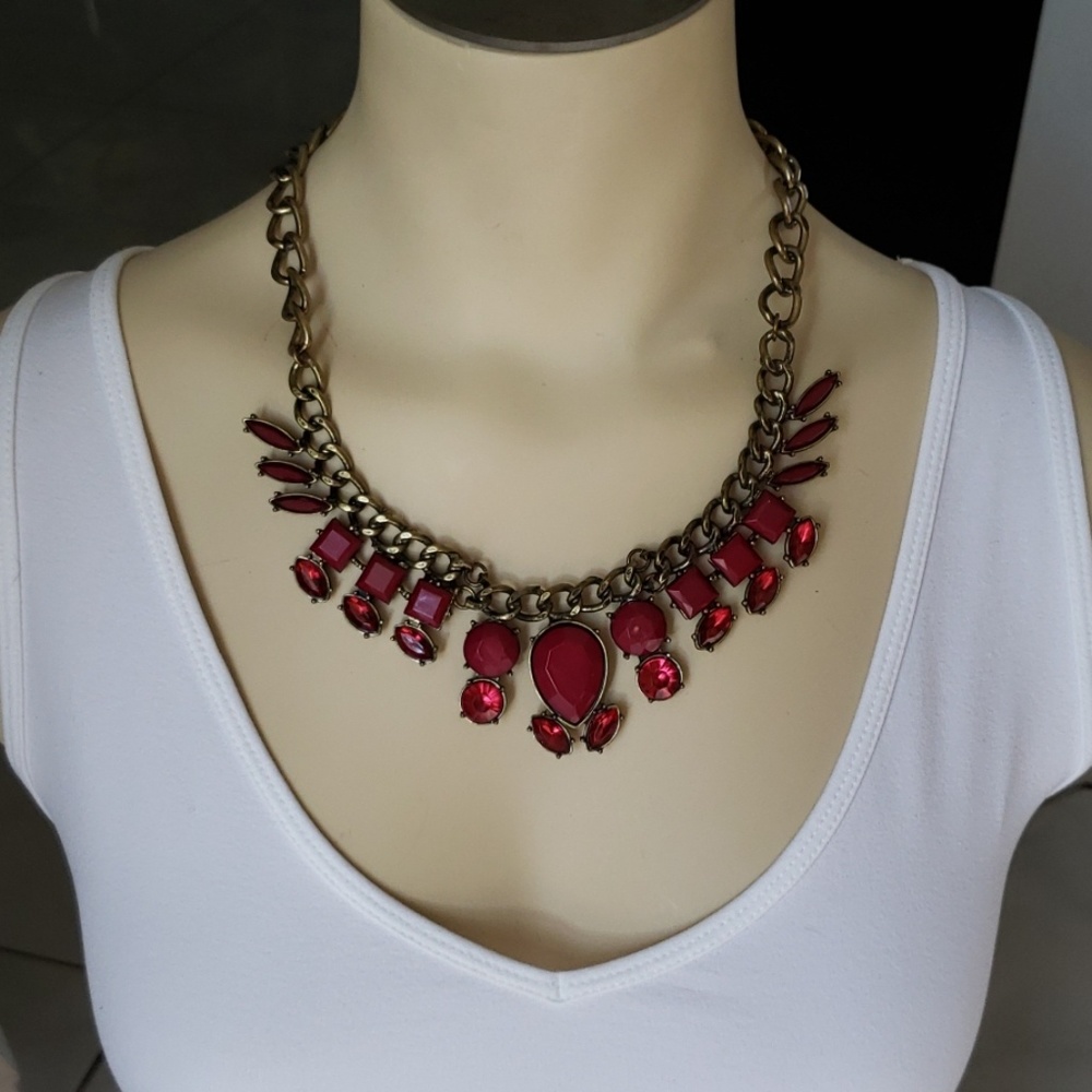 Raspberry Antique gold tone Statement Necklace